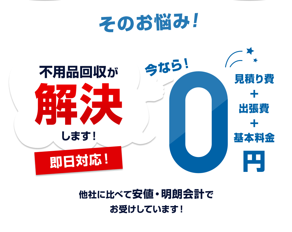 そのお悩み！即日対応！不用品回収が解決します！今なら！見積り費＋出張費＋基本料金０円 他者に比べて安値・明朗会計でお受けしています！
